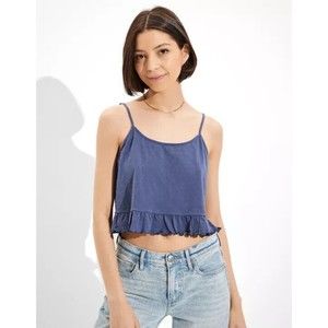 American Eagle Medium Slub Cropped Relaxed Cami Top Blue Ruffle Peplum Strappy